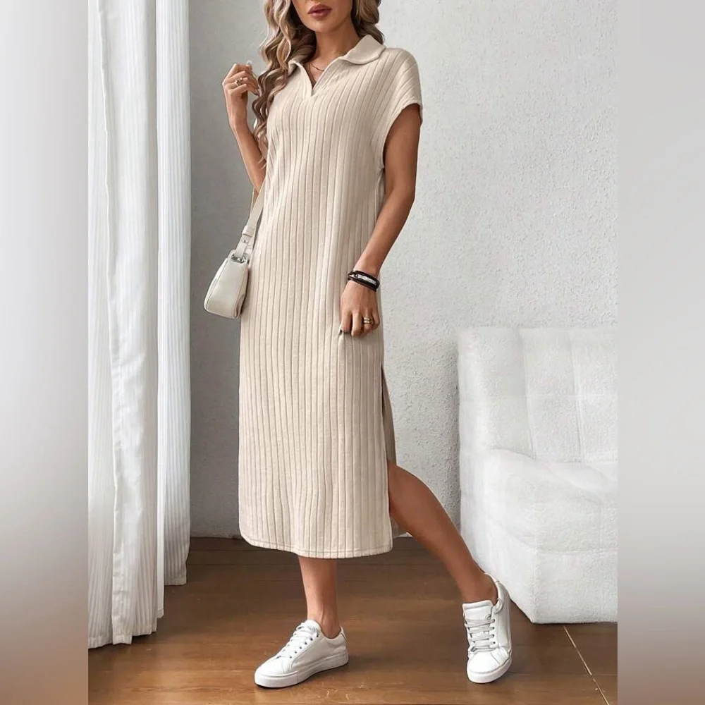 Beige Cream Ribbed Midi Dress - Picture 6 of 15